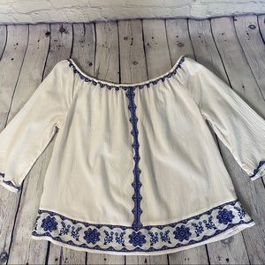 White & blue cotton peasant top